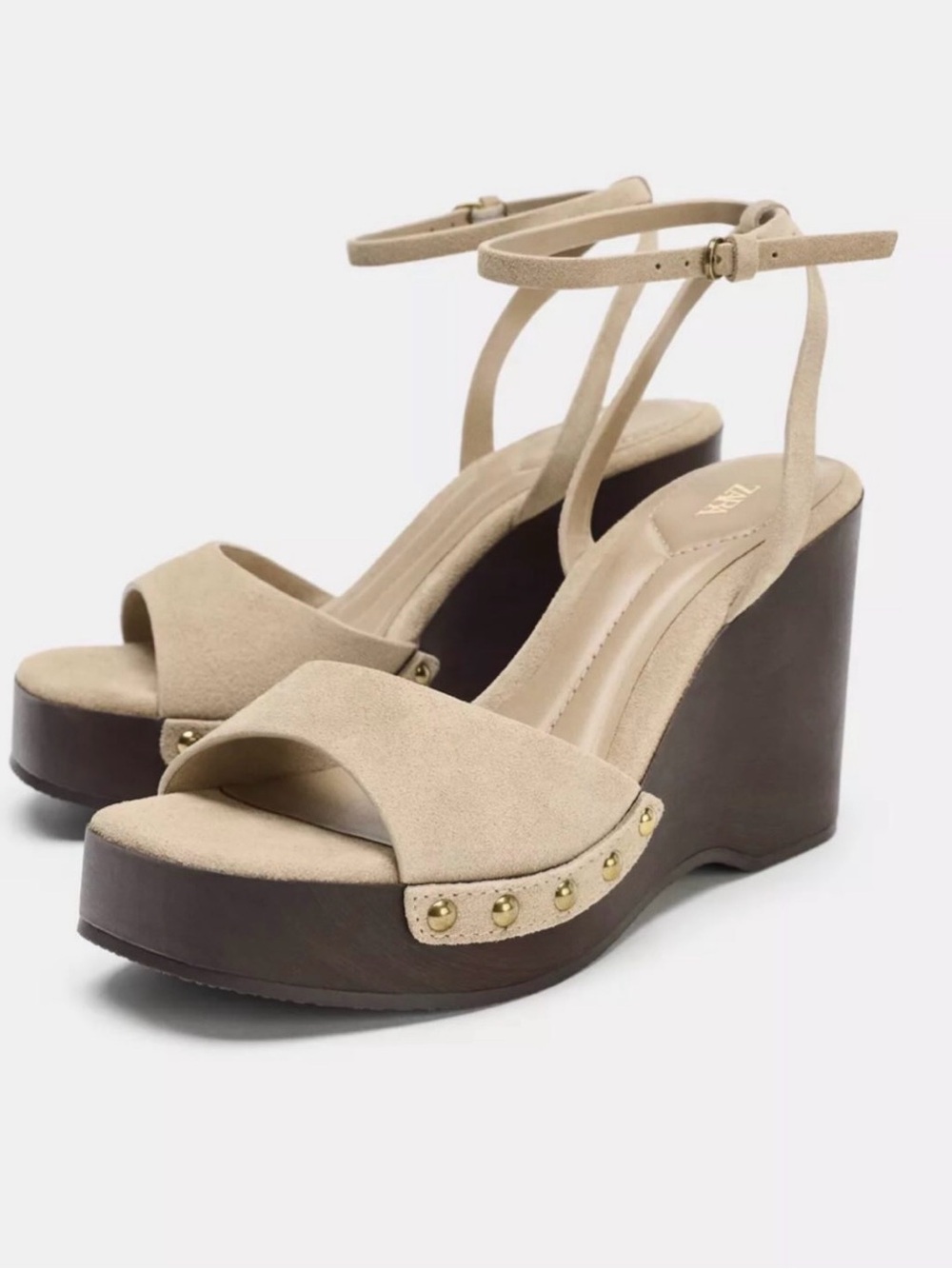 Zara Taupe Suede Studded Platform Wedge Sandals